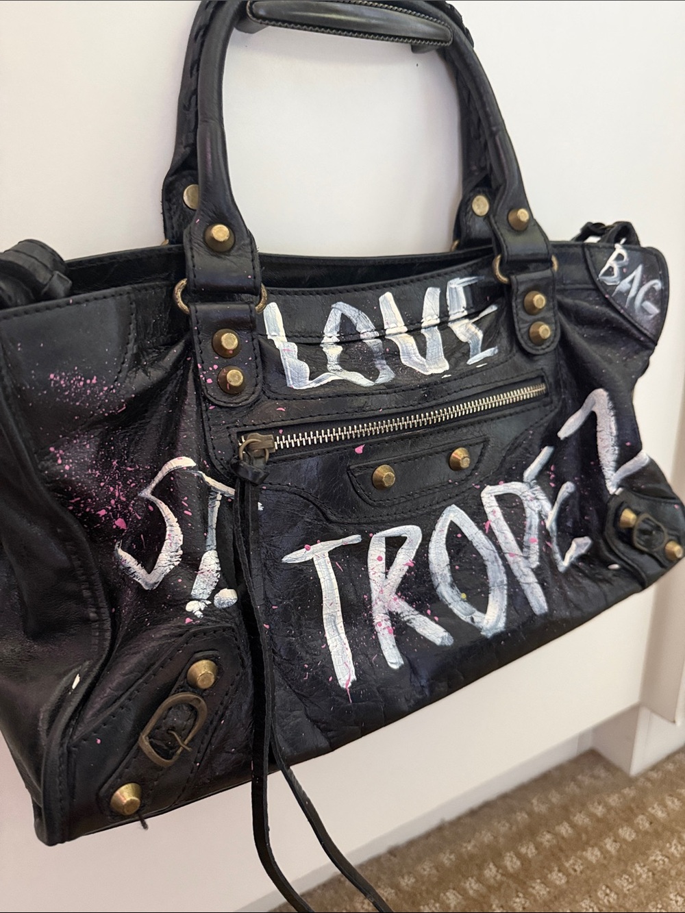 Black Painted Leather Tote Bag – Love Tropaz Graphic